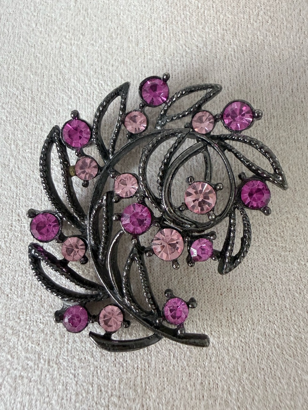Pink Rhinestone Floral Vine Brooch Antiqued Silver Tone Statement Pin